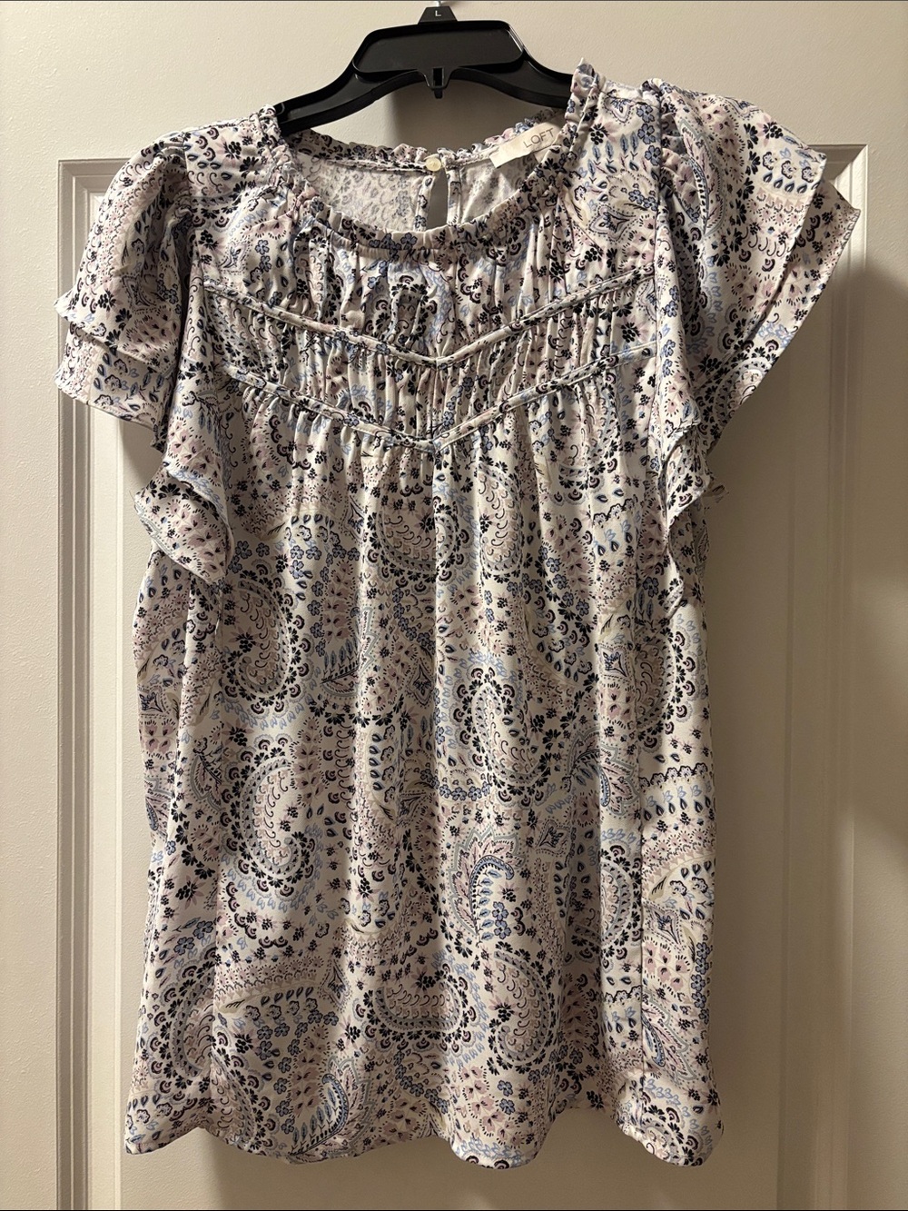 LOFT Paisley Ruffle Sleeve Blouse in Cream and Blue